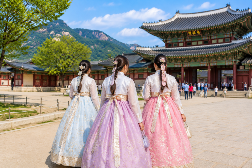 Visitors wearing traditional Korean hanbok at Gyeongbokgung Palace