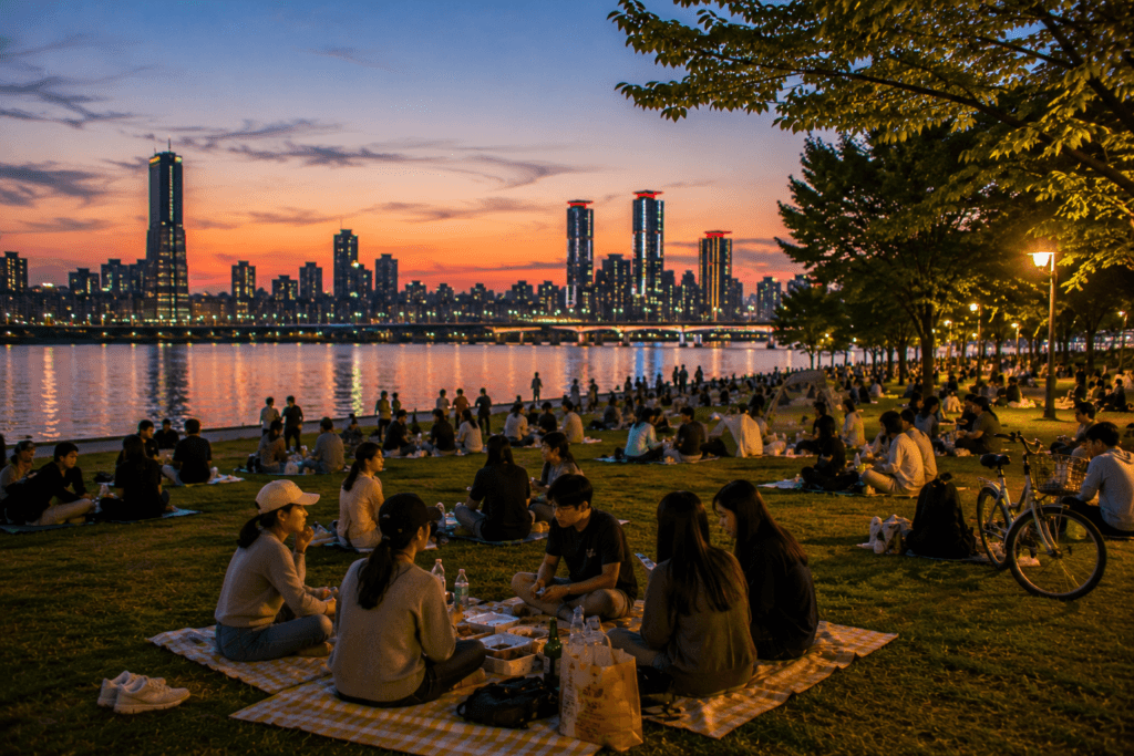 Hangang Park evening picnic scene with locals, city lights, river view, and Seoul skyline