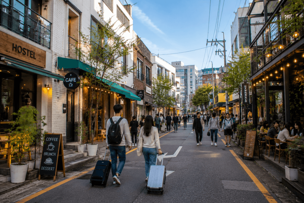 Hongdae budget travel street in Seoul with casual cafes, small guesthouses, young pedestrians, and travelers with luggageneighborhood street with small hotels, cafes, convenience stores, and travelers walking with luggage