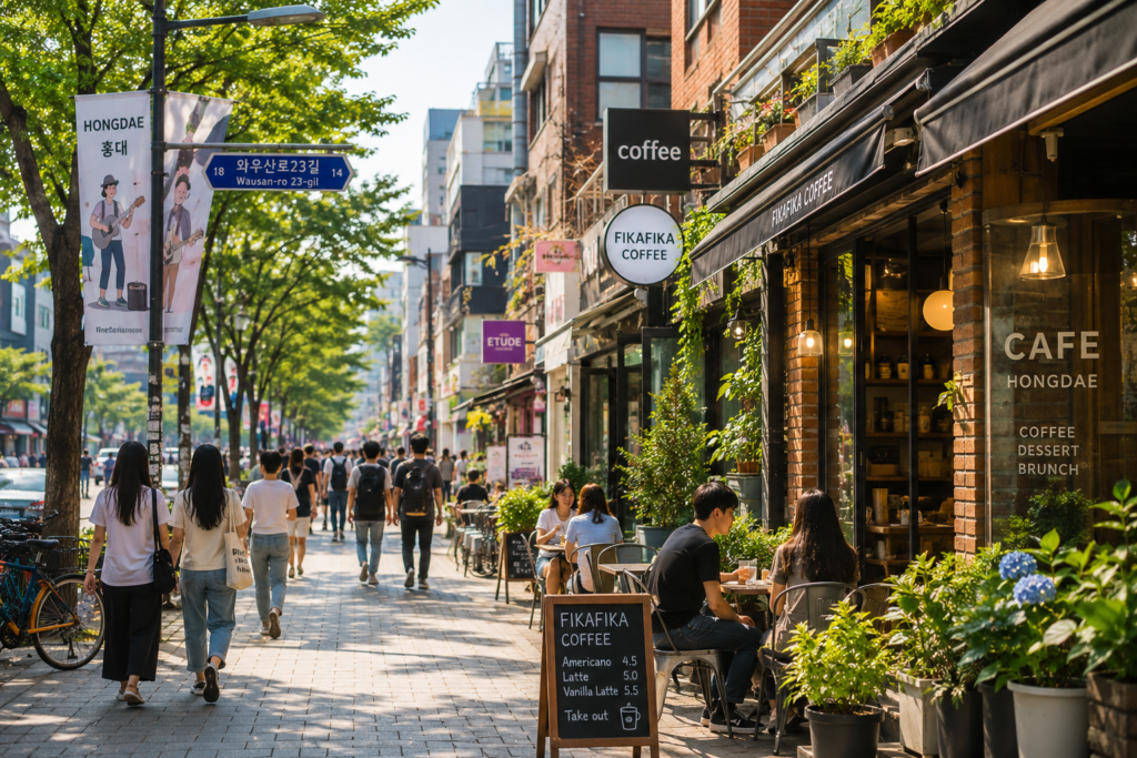Popular cafe street in Hongdae Seoul during the daytime