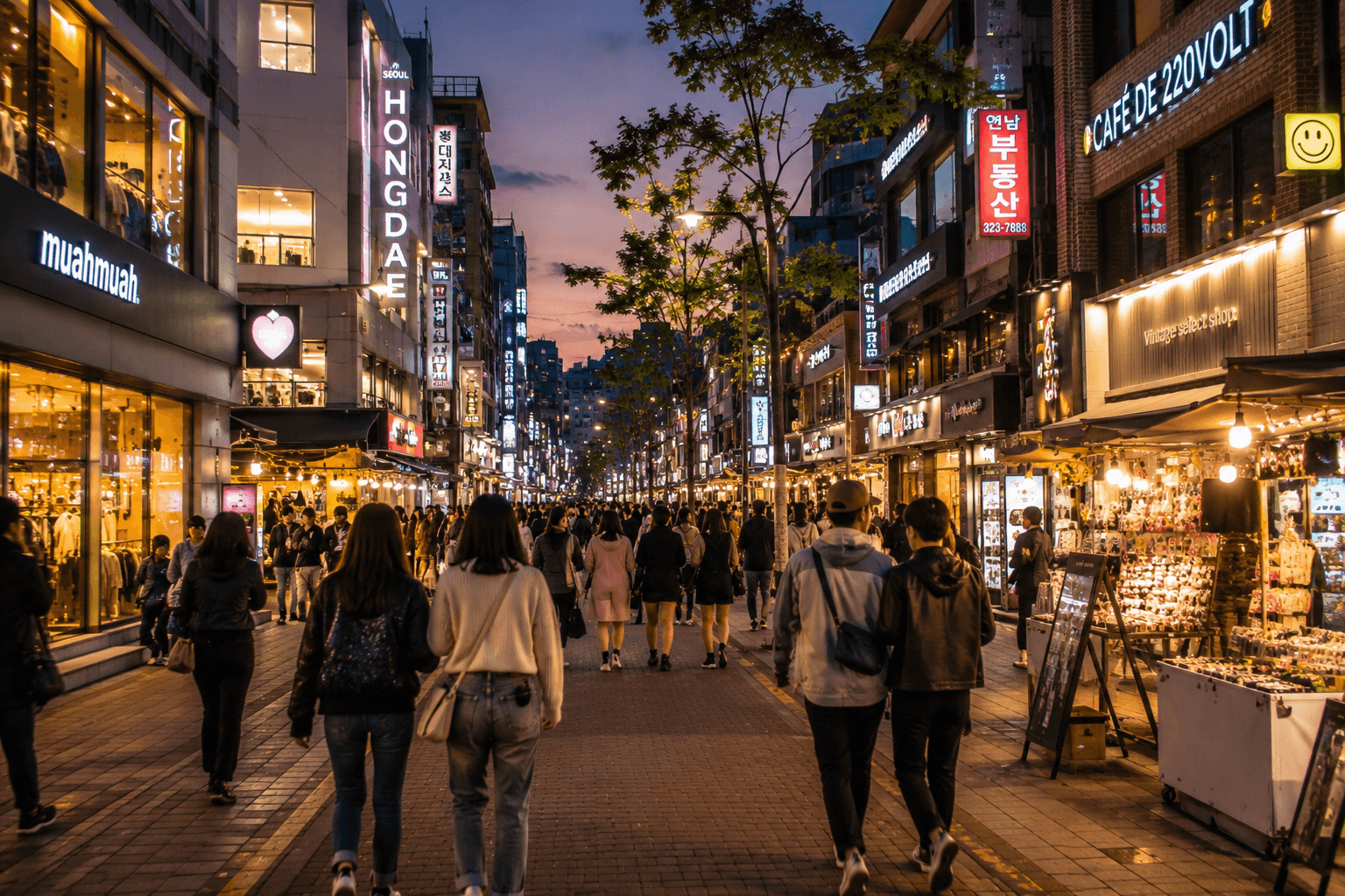 Hongdae evening street in Seoul with travelers, shops, cafes, and lively city lights