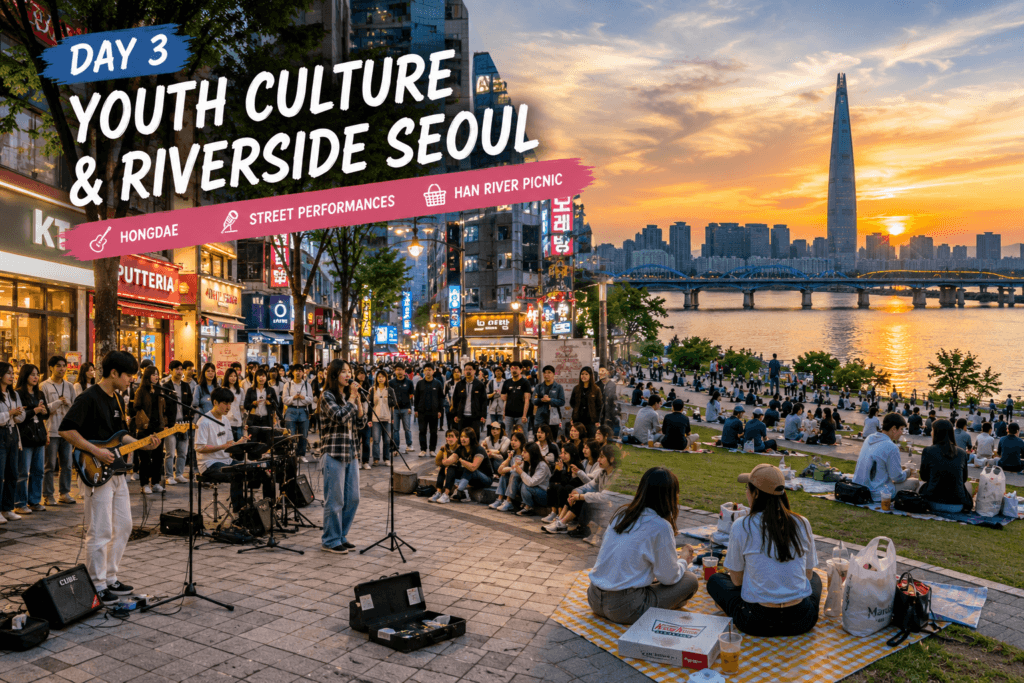 Day 3: Youth Culture and Riverside Seoul Hongdae street performances and Han River sunset picnic in Seoul