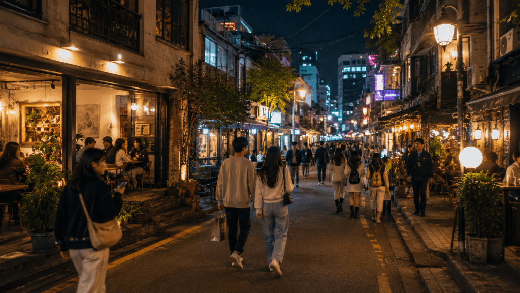 Hongdae street at night with cafes, restaurants, and young travelers in Seoul