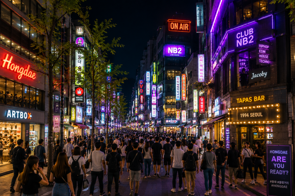 Night view of Hongdae entertainment district in Seoul