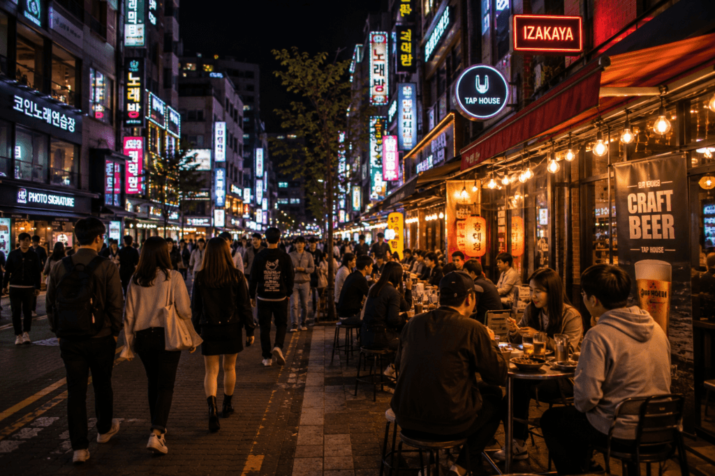 Hongdae nightlife street in Seoul with restaurants, neon lights, and travelers at night