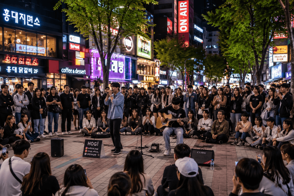Street performers entertaining visitors in Hongdae Seoul at night
