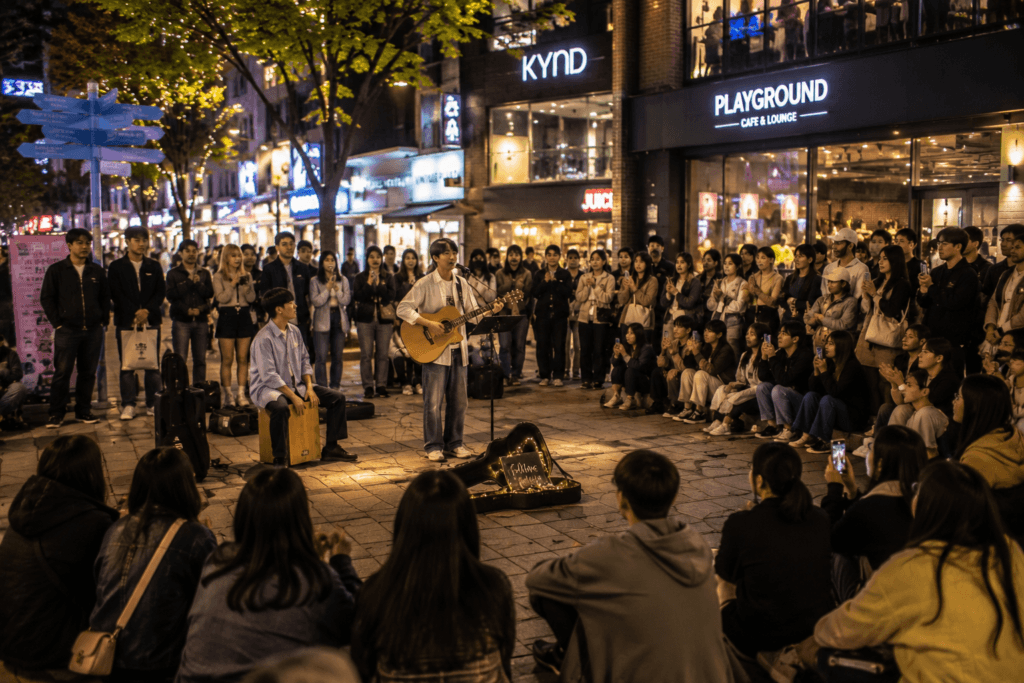 Street performers playing music for a crowd in Hongdae at night