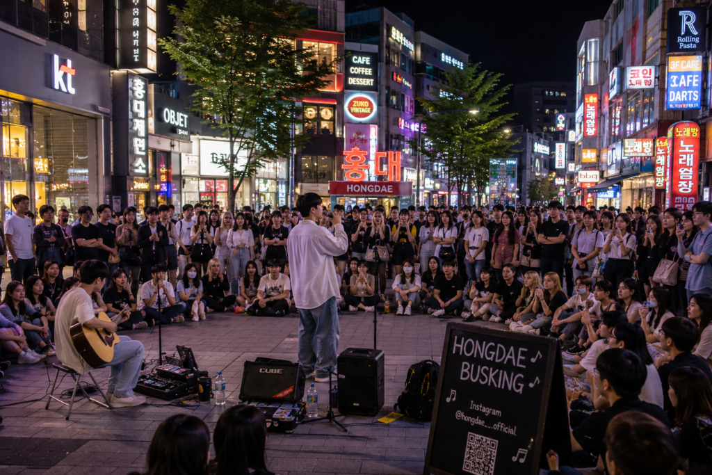 Street performance attracting visitors in Hongdae Seoul