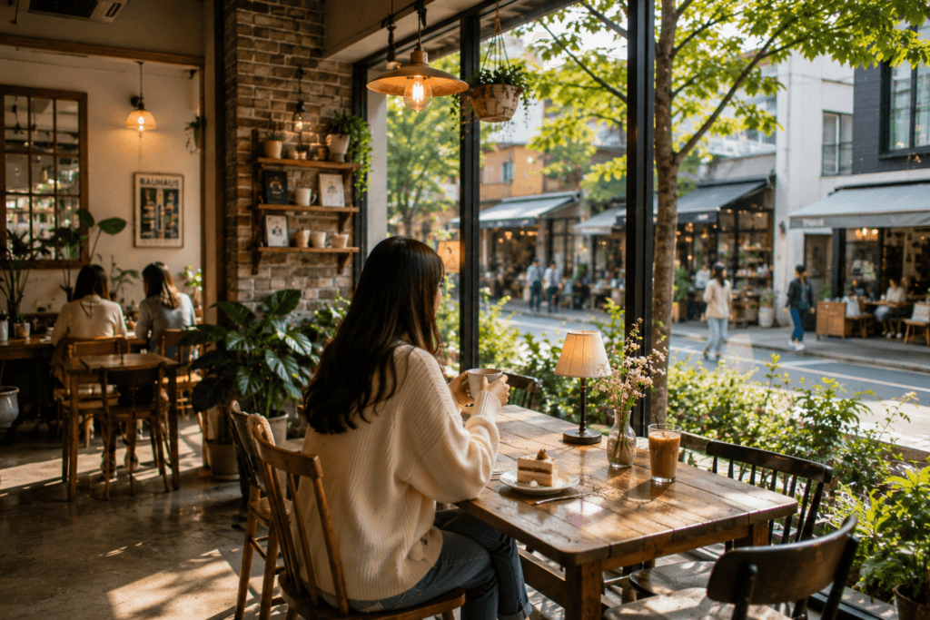 Traveler relaxing in a cozy cafe near Hongdae and Yeonnam-dong in Seoul