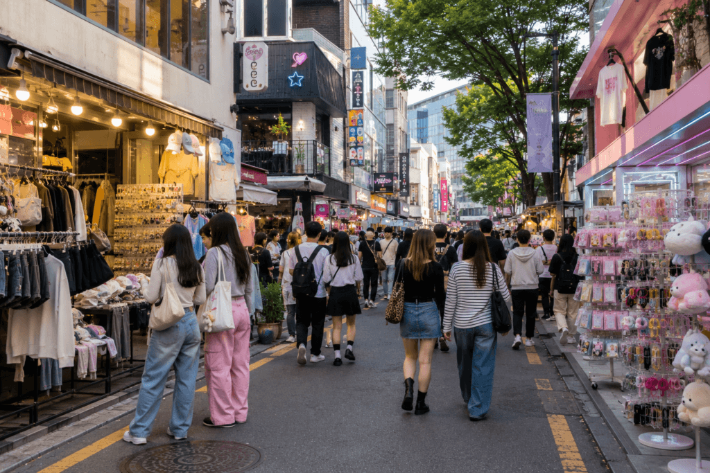 Youthful Hongdae shopping street in Seoul with casual fashion shops, accessories, small goods and pedestrians