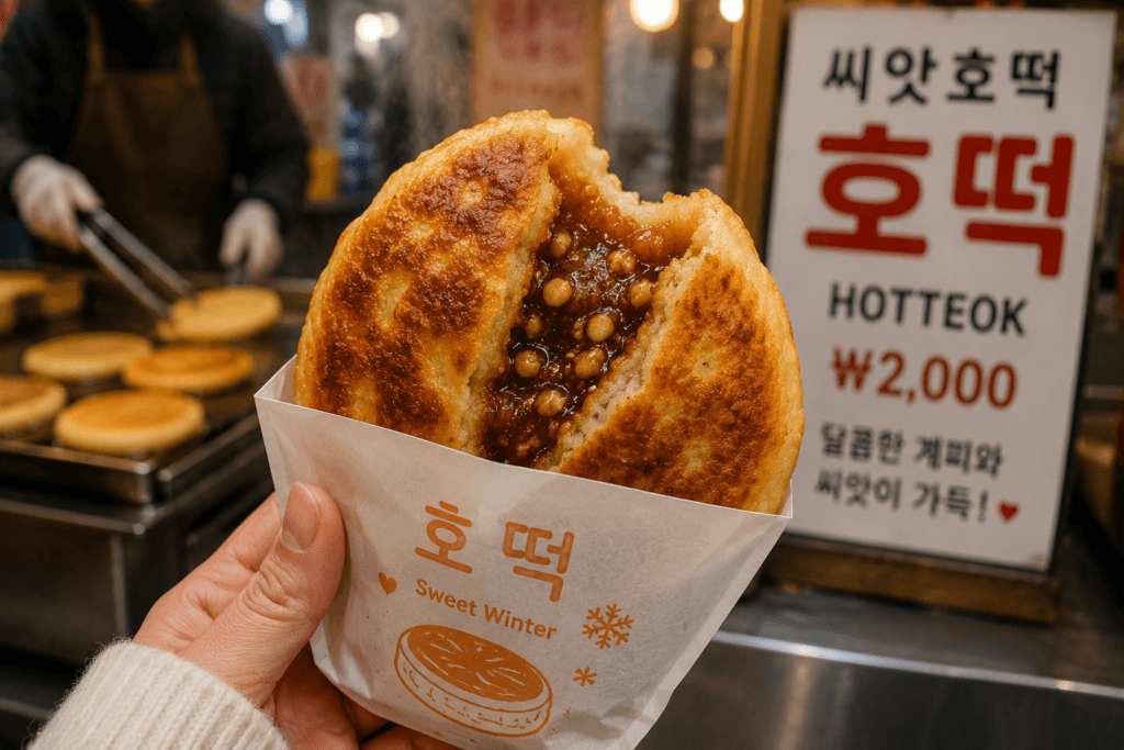 Hotteok Korean Winter Street Snack Hotteok Korean sweet pancake with brown sugar syrup and nuts served in a paper cup at a street food stall