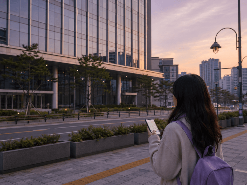 HYBE Yongsan Exterior Stop Traveler near a modern office building in Yongsan Seoul checking a phone map for a BTS-related travel stop