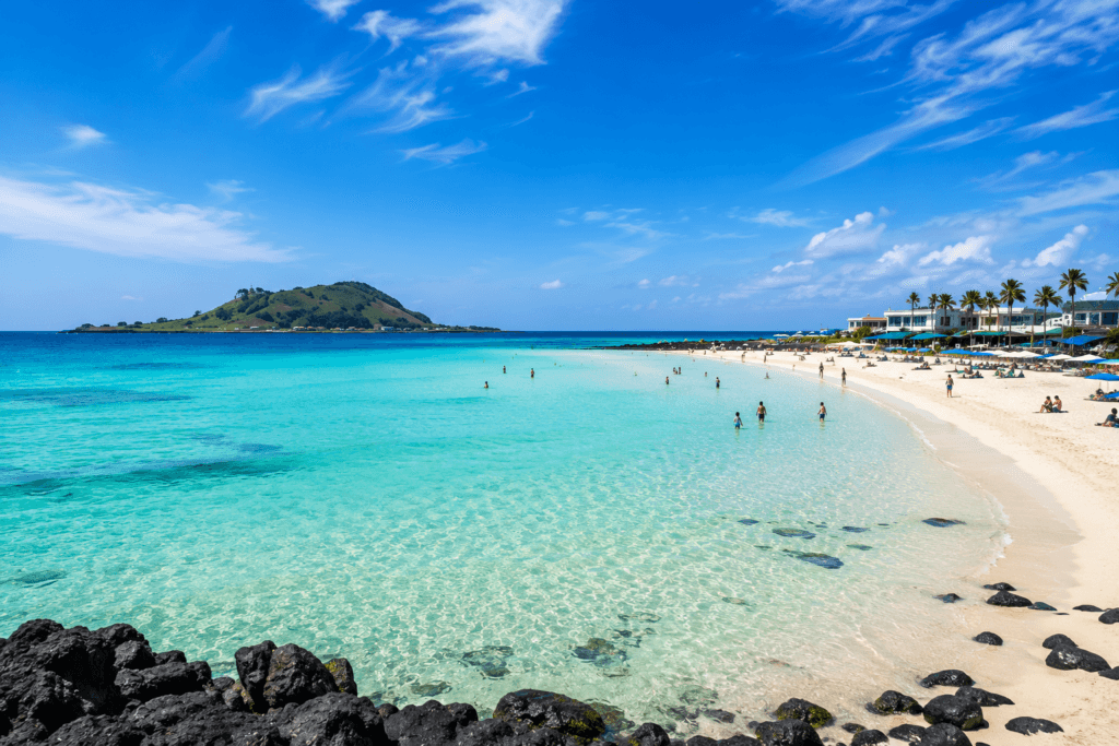Hyeopjae Beach Main View Crystal clear water and white sand at Hyeopjae Beach in Jeju
