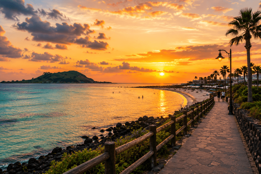 Hyeopjae Beach Sunset Sunset coastal walkway at Hyeopjae Beach in Jeju