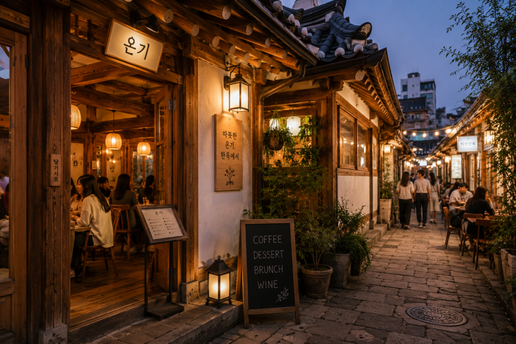 Evening atmosphere in Ikseon-dong with cafes and lantern lights