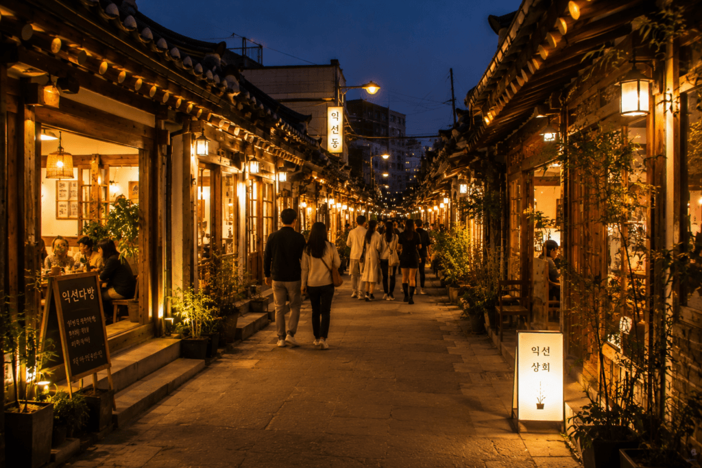 Ikseon-dong evening hanok alley with warm lights, restaurants, cafes, and relaxed pedestrians