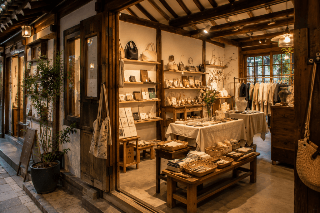 Small boutique shop inside a hanok in Ikseon-dong with warm wooden interior and lifestyle goods