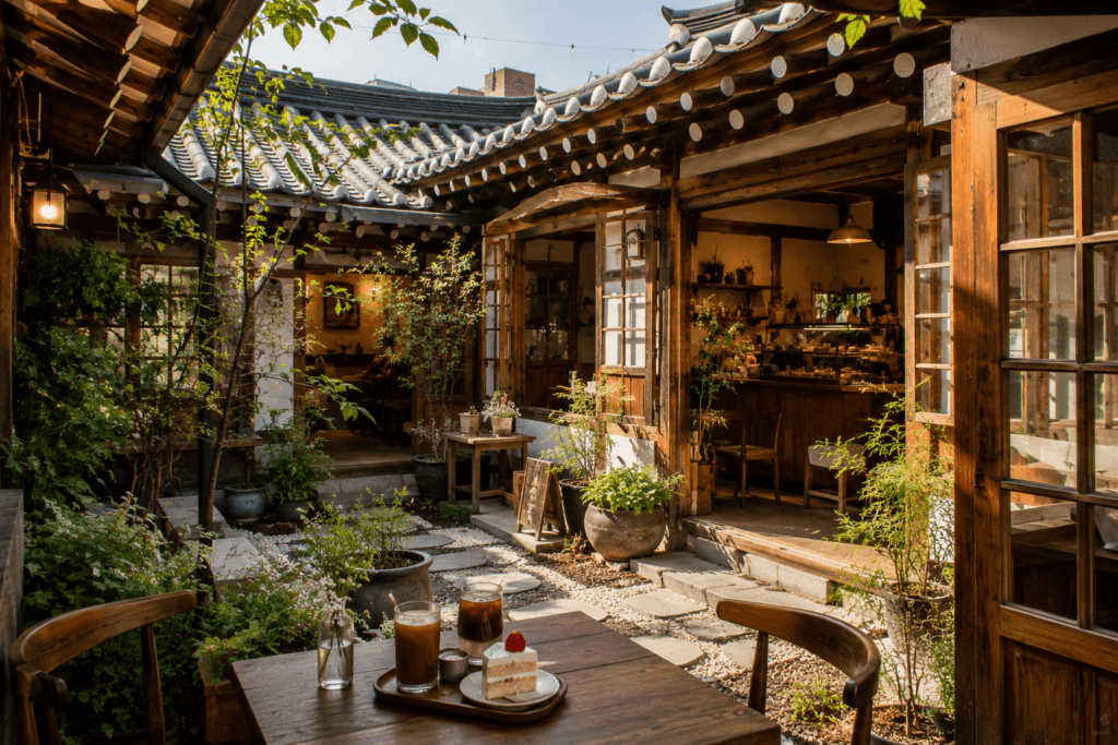 Cozy hanok cafe courtyard in Ikseon-dong with wooden architecture, tiled roof, plants, coffee, and dessert