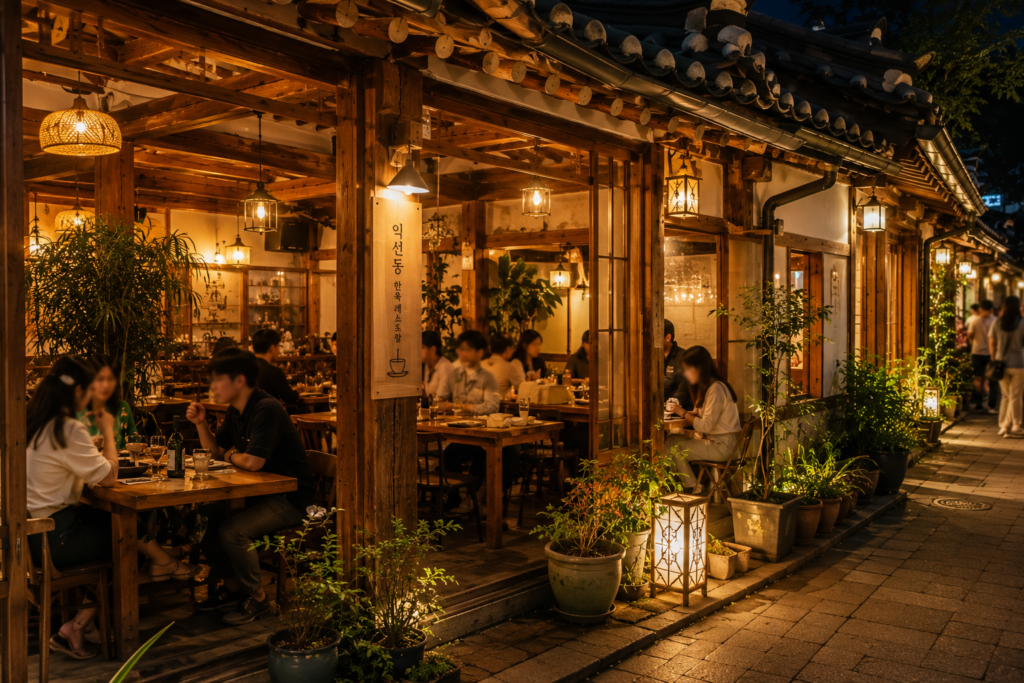 Cozy hanok restaurant in Ikseon-dong Seoul at night