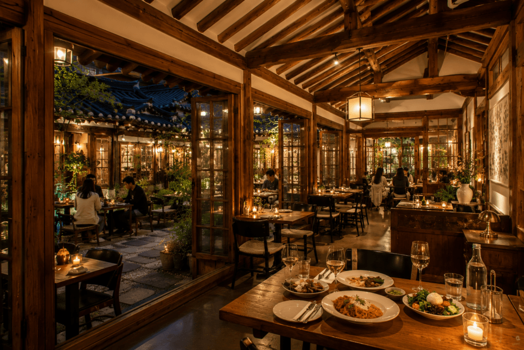 Warm renovated hanok restaurant in Ikseon-dong with wooden beams, cozy tables, courtyard view, and dinner setting