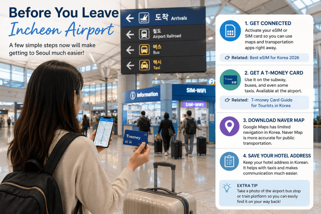Before You Leave Incheon Airport Traveler at Incheon Airport preparing T-money card, mobile data, and navigation apps before traveling to Seoul