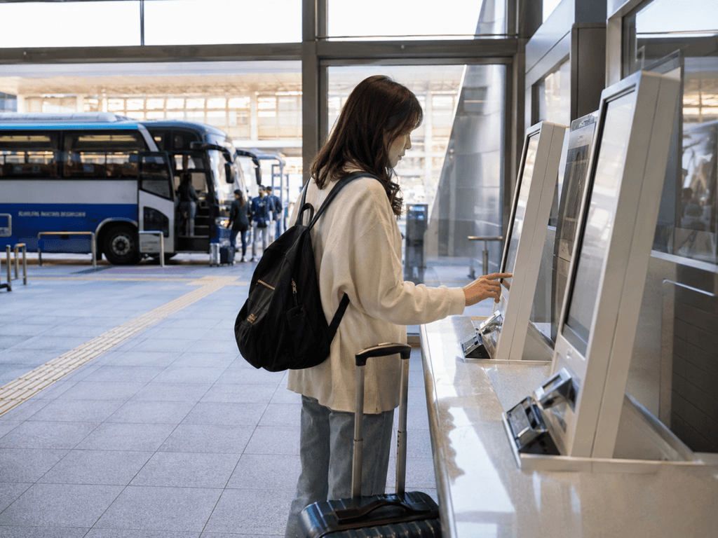 Traveler buying an airport bus ticket at a ticket machine in Incheon Airport