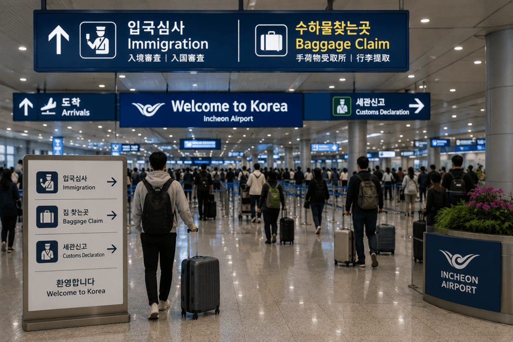 Incheon Airport Immigration and Arrivals Travelers arriving at Incheon Airport immigration and baggage claim area in South Korea
