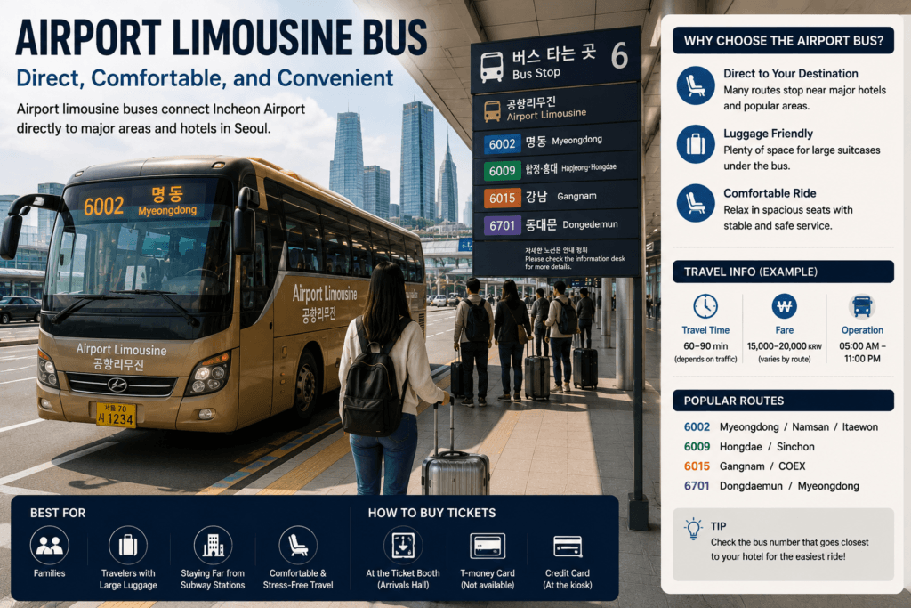 Airport Limousine Bus Airport limousine bus connecting Incheon Airport to Seoul districts including Myeongdong and Gangnam
