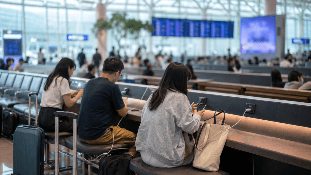 Travelers charging smartphones at a public charging area inside Incheon International Airport