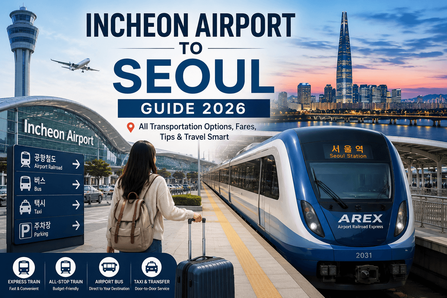 Incheon Airport to Seoul Guide 2026 featuring AREX train, airport terminal, and Seoul skyline