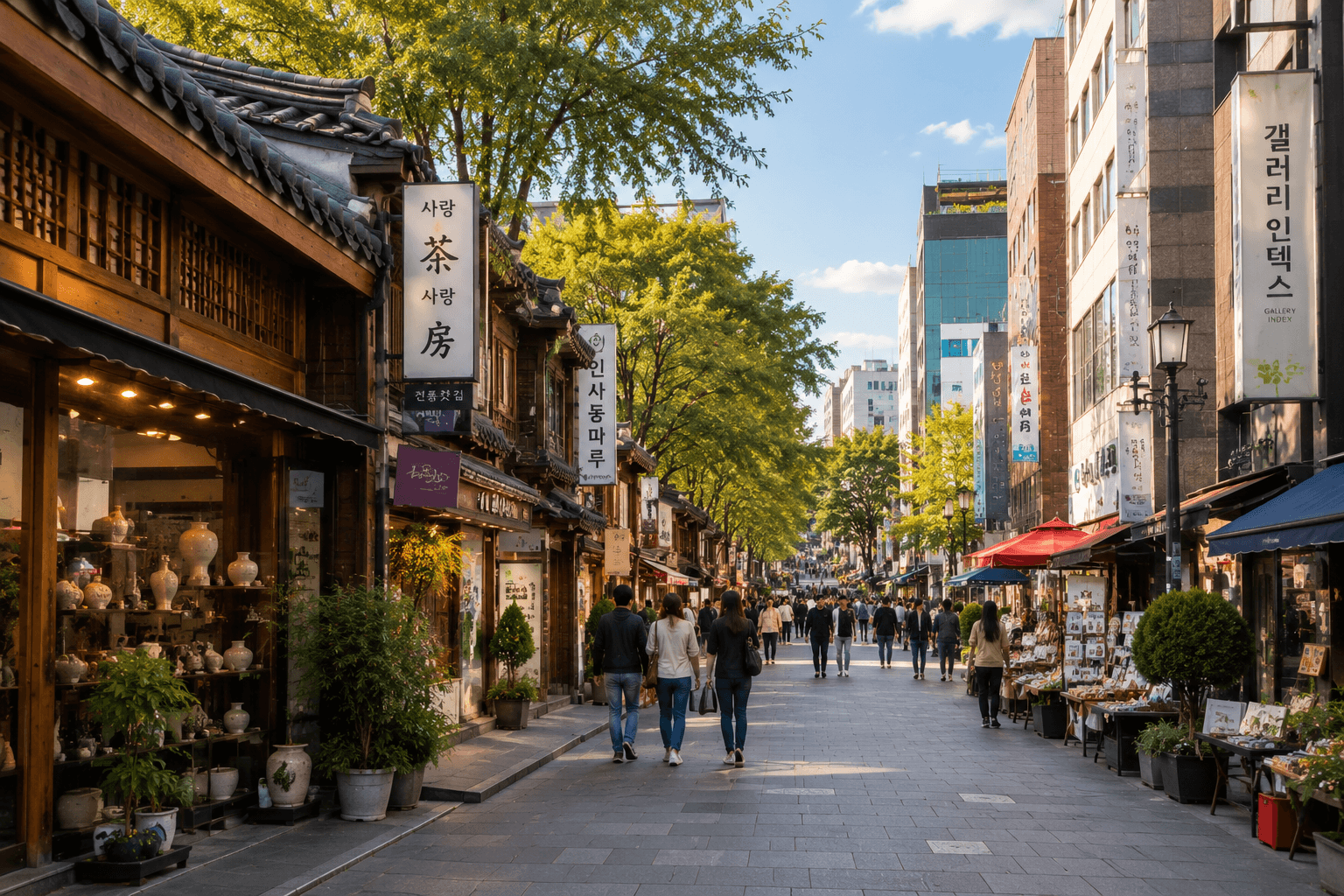 Insadong cultural street in Seoul with traditional storefronts, pedestrians, craft shops, and warm daylight