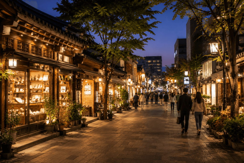 Insadong evening street in Seoul with warm shop lights, pedestrians, trees, and traditional-modern atmosphere