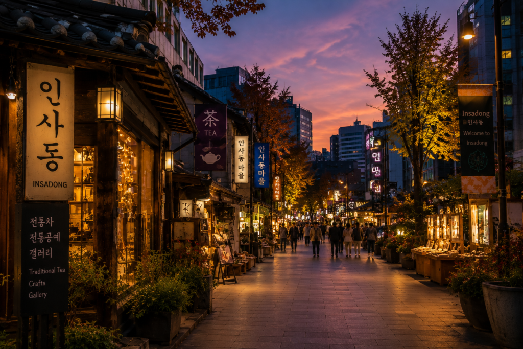 Evening atmosphere in Insadong with traditional shops and warm lights