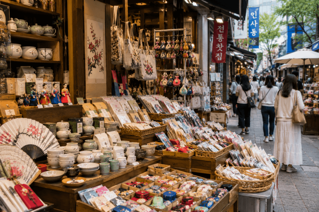Busy Myeongdong shopping street in Seoul with beauty stores, skincare products, street food stalls and tourists