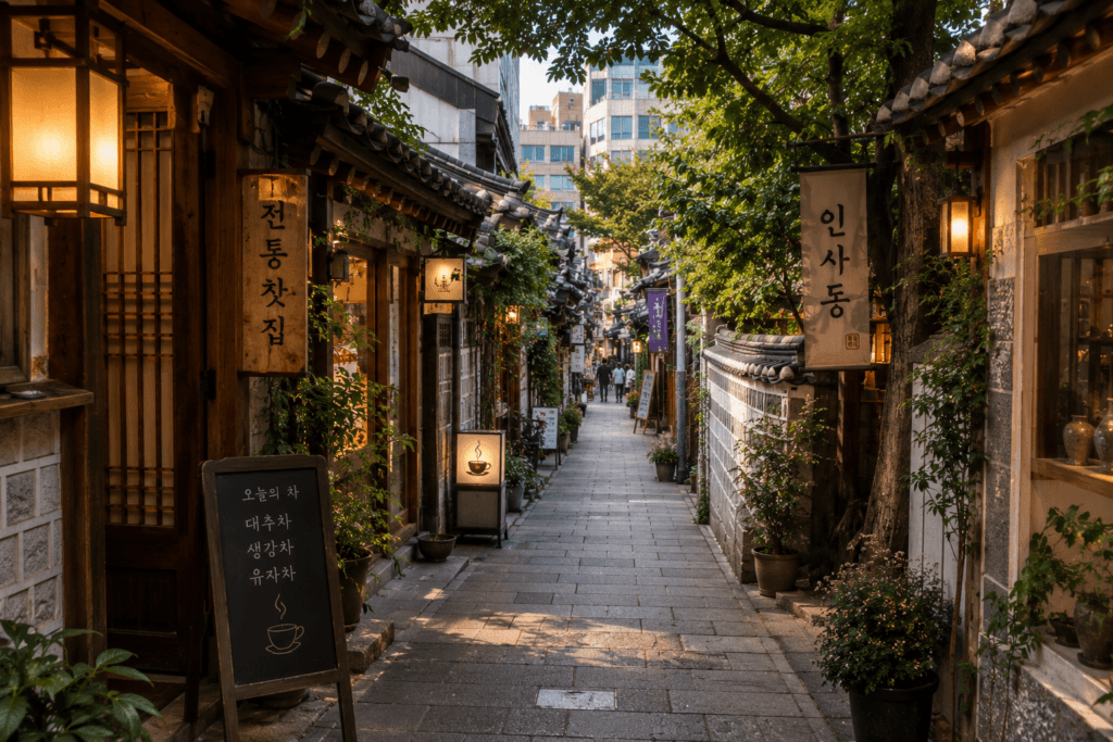 Quiet side alley in Insadong with traditional tea house atmosphere, wooden storefronts, plants, and warm light