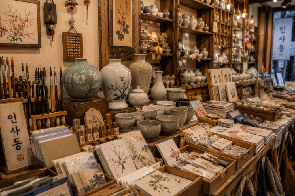 Traditional craft shop in Insadong with ceramics, brushes, handmade stationery, and Korean art items