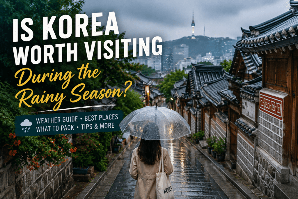 Rainy season in Korea with a traveler holding an umbrella in a traditional hanok street