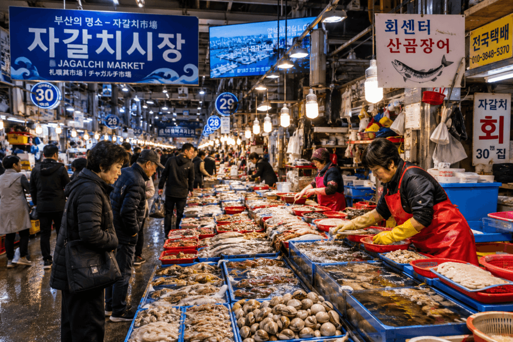jagalchi-market-busan Seafood vendors and visitors inside Jagalchi Market in Busan
