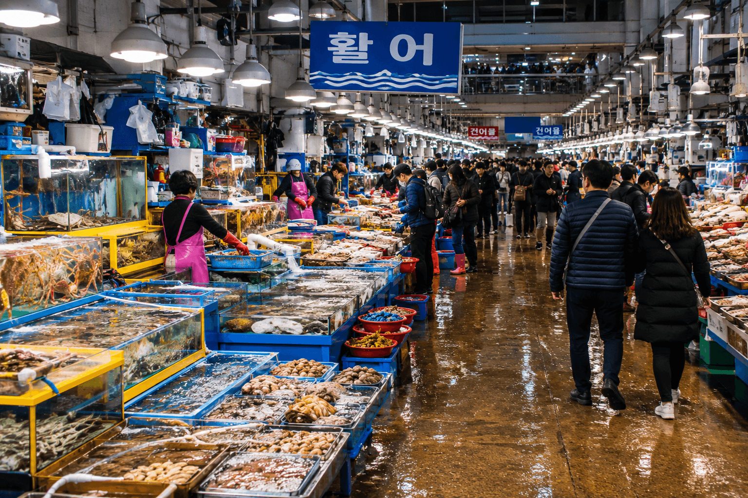 BIFF Square street food near Jagalchi Market with seed hotteok, fish cake, tteokbokki, steam, and evening crowds