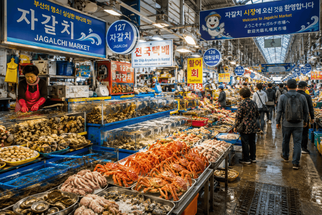 Jagalchi Market Seafood Experience Fresh seafood stalls and local atmosphere at Jagalchi Market in Busan