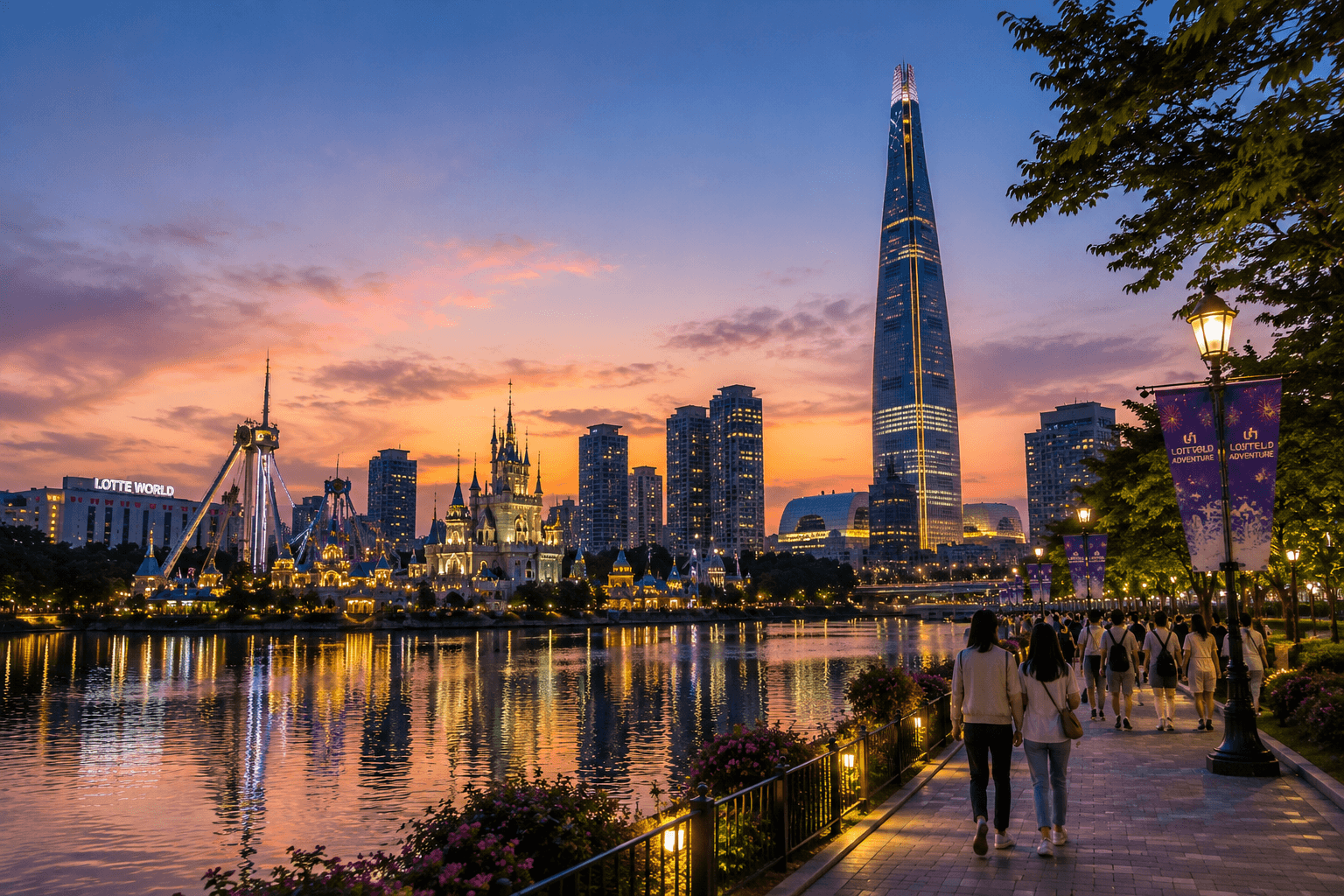 Jamsil evening view with Lotte World Tower, Seokchon Lake, theme park lights and travelers walking after visiting Lotte World