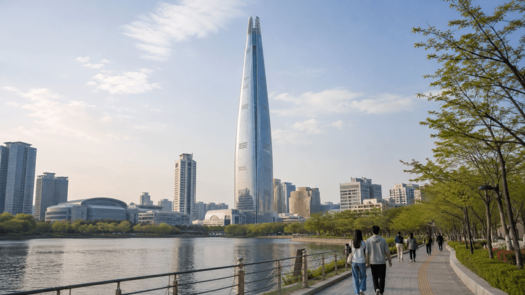 Lotte World Tower and Seokchon Lake in Jamsil