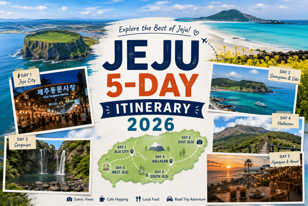 Jeju 5-Day Itinerary 2026 featuring top attractions across Jeju Island