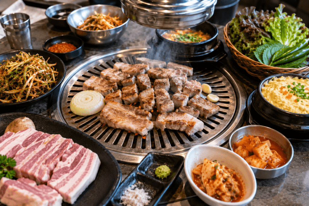 Jeju Black Pork BBQ Traditional Jeju black pork barbecue served with Korean side dishes