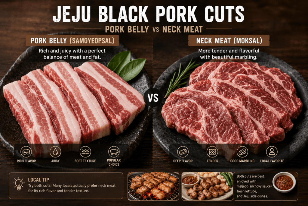 Jeju Black Pork Cuts Comparison Comparison of pork belly and neck meat cuts from Jeju black pork