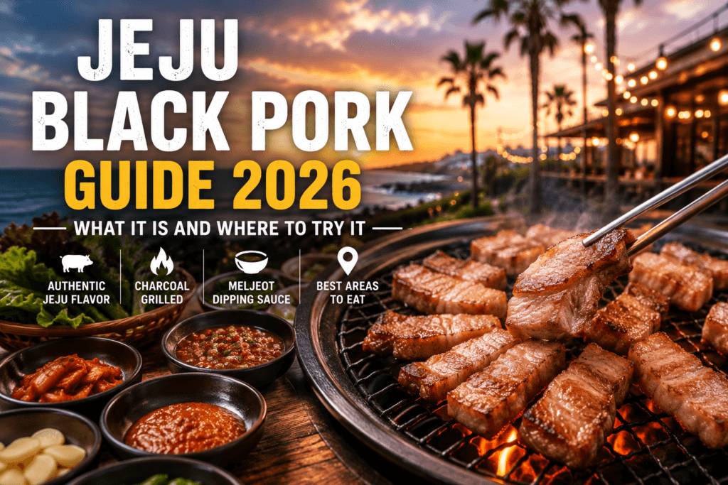 Jeju Black Pork Guide 2026 featuring charcoal grilled black pork and Jeju dining atmosphere