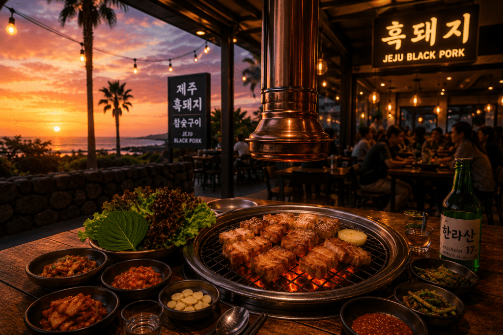 Jeju Black Pork Dining Experience Jeju black pork barbecue restaurant during sunset
