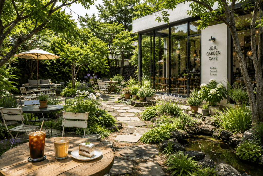 Jeju Garden Cafe Peaceful garden cafe surrounded by greenery in Jeju