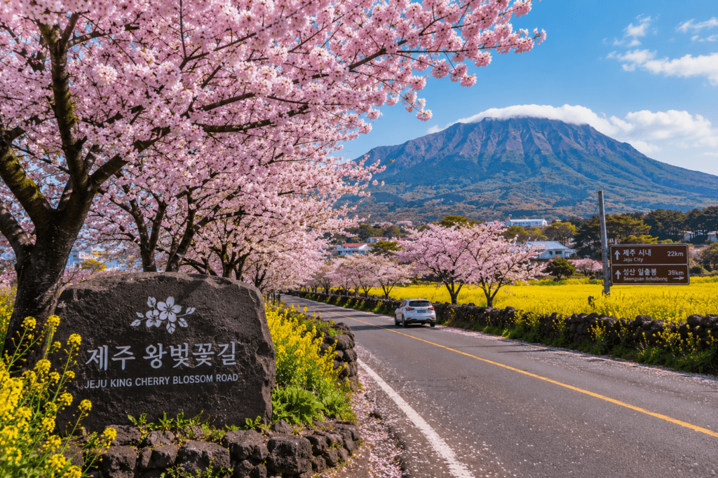 King cherry blossoms blooming along a scenic road in Jeju Island