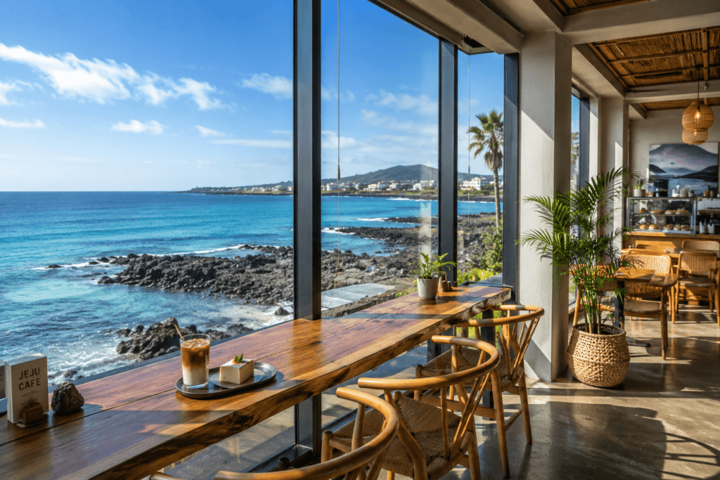 Jeju Ocean View Cafe Ocean-view cafe interior overlooking the coastline in Jeju